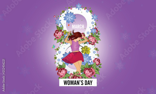 International Happy Women's Day. 8 March holiday background. frame of flower and leaves. Paper art 3d from digital craft style. - Vector