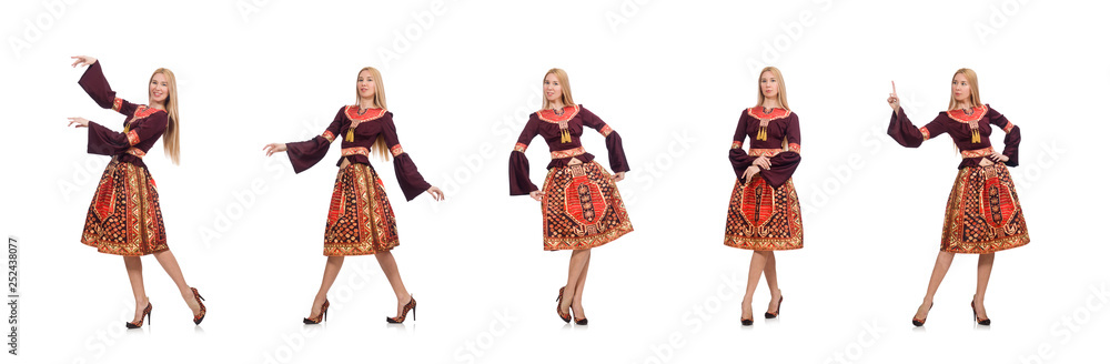 Woman in dress with oriental prints isolated on white Woman in dress with oriental prints isolated on white