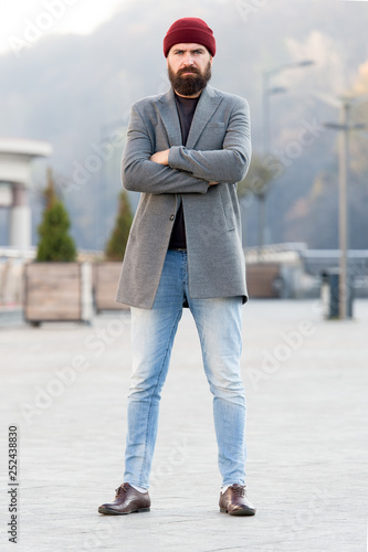Stylish casual outfit spring season. Menswear and male fashion concept. Man bearded hipster stylish fashionable coat and hat. Comfortable outfit. Refreshing walk. Hipster outfit and hat accessory