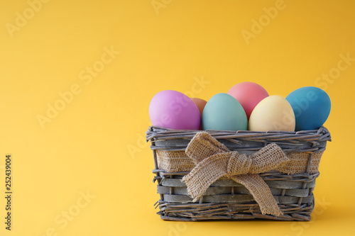 Happy easter, dyed colored eggs in the basket on the one-color background.