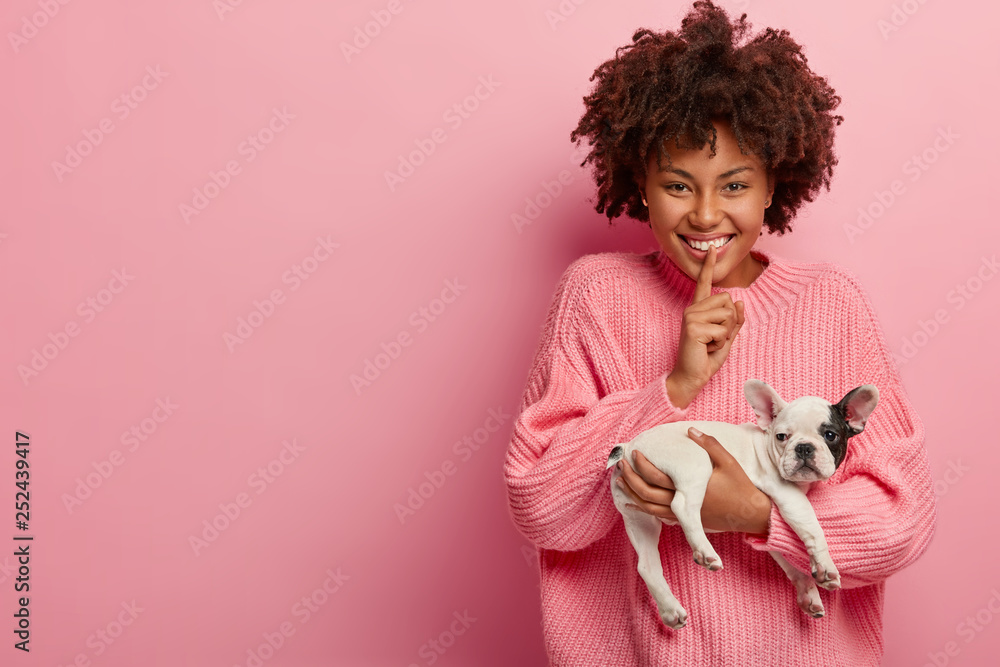 Shush, dont bother my little puppy. Positive dark skinned girl cares of french bulldog, carries it on hands, wears oversized jumper, models over pink background, feels optimistic. Animals concept - obrazy, fototapety, plakaty 