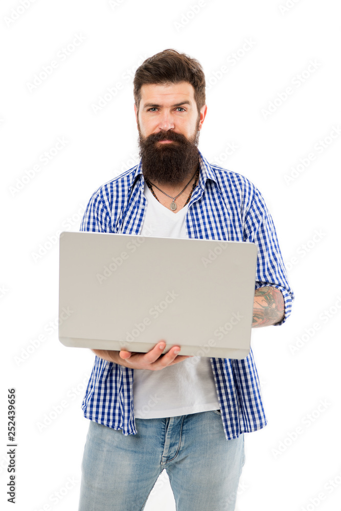 Social media marketing expert. Man with laptop works as smm expert web developer or programmer. Remote job. Freelance job. IT developer. Modern occupation. Guy bearded man brutal web developer Social media marketing expert. Man with laptop works as smm expert web developer or programmer. Remote job. Freelance job. IT developer. Modern occupation. Guy bearded man brutal web developer