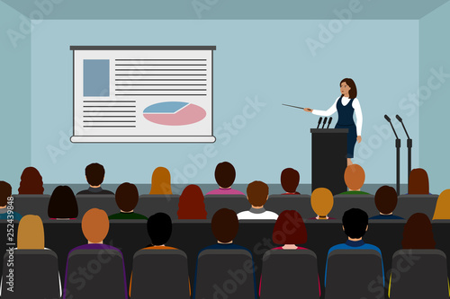 Business trainer holds presentation in conference room. Vector illustration.