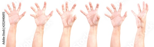 Multiple Male Caucasian hand gestures isolated over the white background, set of multiple images. ZOBIES HAND.