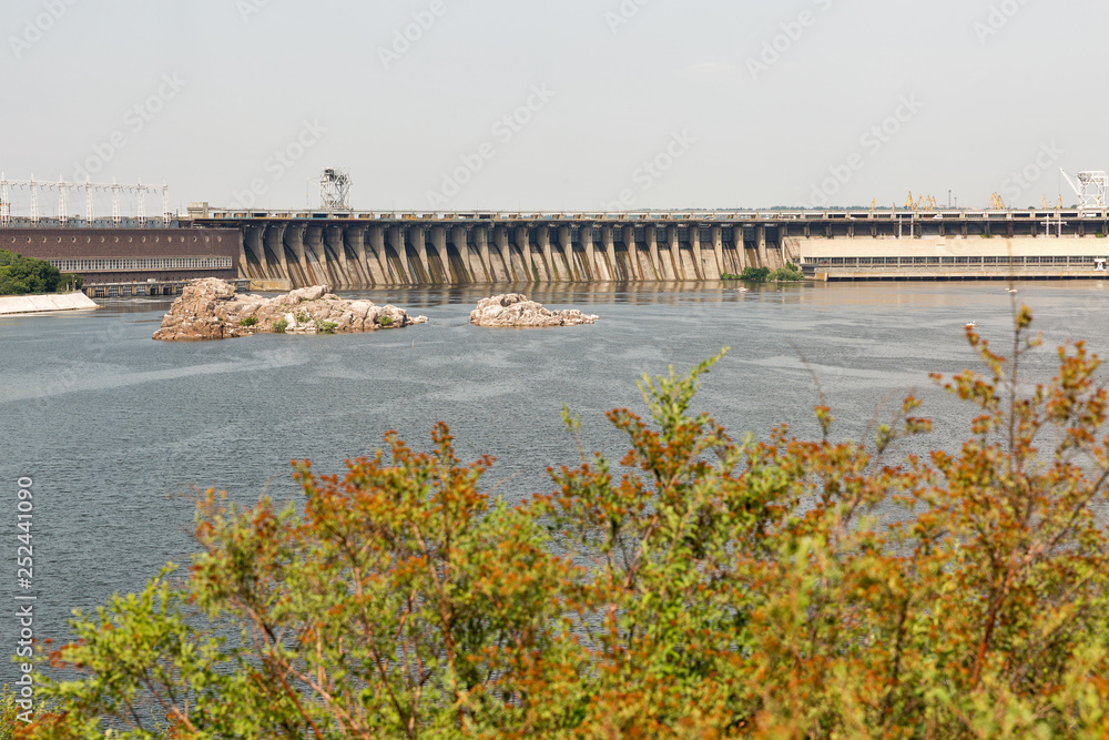 Khortytsia island, Dnieper River and hydroelectric power plant. Zaporizhia, Ukraine.