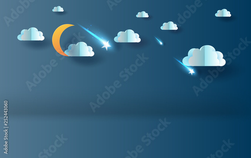 3D Paper art and craft style of half moon with cloud and shooting star on sky night your text space background.Goodnight and sweet dream dark shadow.Origami mobile concept,vector.illustration