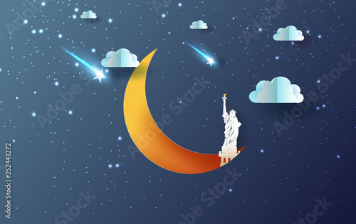 3D Paper art and craft style of half moon with Statue of liberty NEW YORK USA concept.Cloud and shooting star on Sky night sweet dream your text space blue dark background vector.illustration.