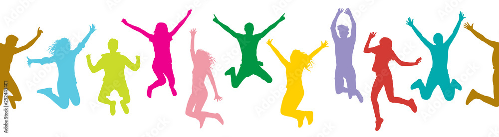 Seamless pattern of jumping people (crowd), silhouette colorful. Vector illustration.