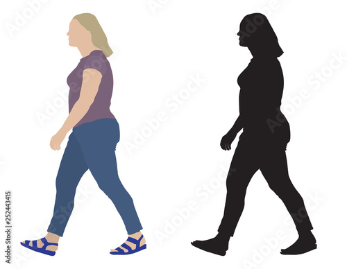 Full woman in motion, side view and silhouette. Vector illustration.