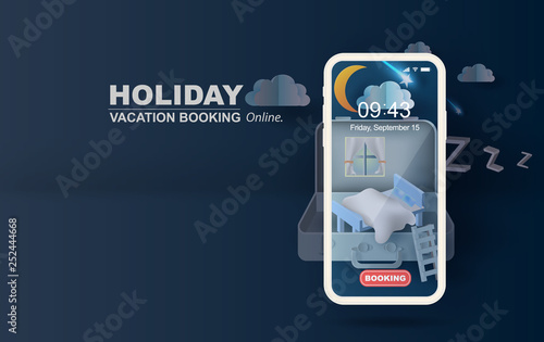 3D Paper art and craft of bedroom in suitcase mobilephone concept your text space background.Illustration of idea design couch in bag.The moon at night. Have a beautiful shooting star light.vector.