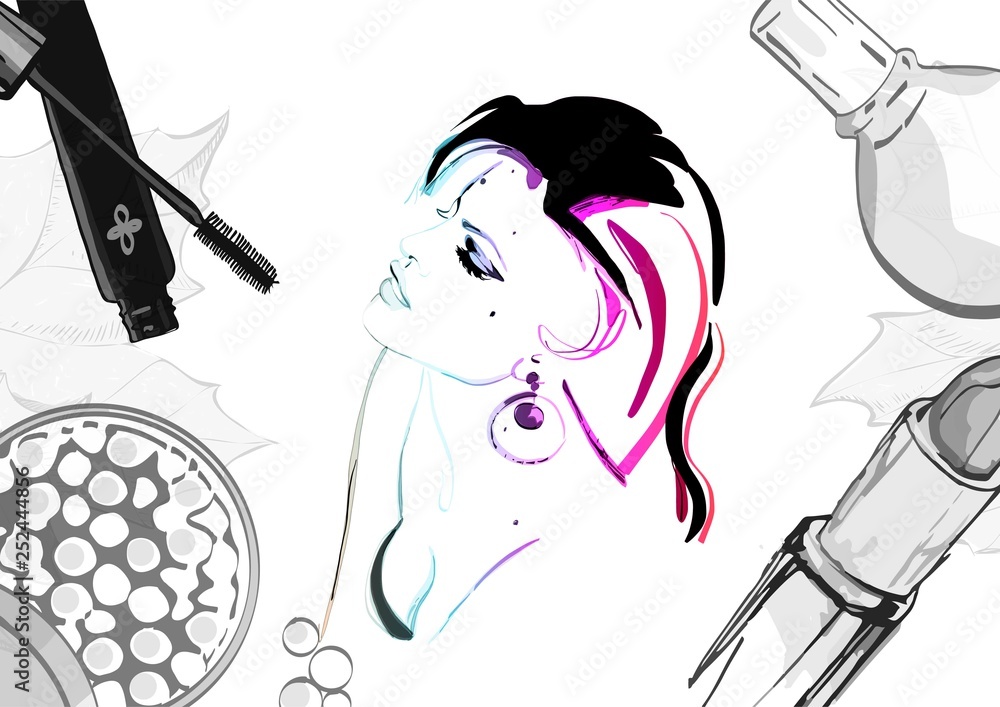Beautiful pin-up style sexy woman with close eyes dreaming about beauty  products for makeup. Beauty and fashion industry advertising banner vector  illustration Stock Vector
