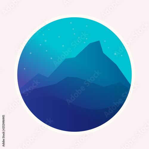 Fantasy misty night, mountains landscape simple flat clipart illustration. Futuristic neon glowing vector cliffs on starry sky background. Graphic design template for modern banner, poster, flyer, web