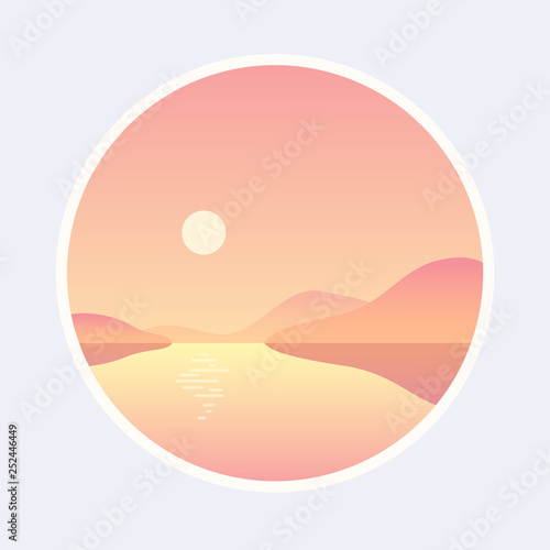 Fantasy sea landscape simple flat style clipart illustration. Futuristic soft colors glowing sunset vector background. Graphic design template for modern banner, poster, flyer and website.