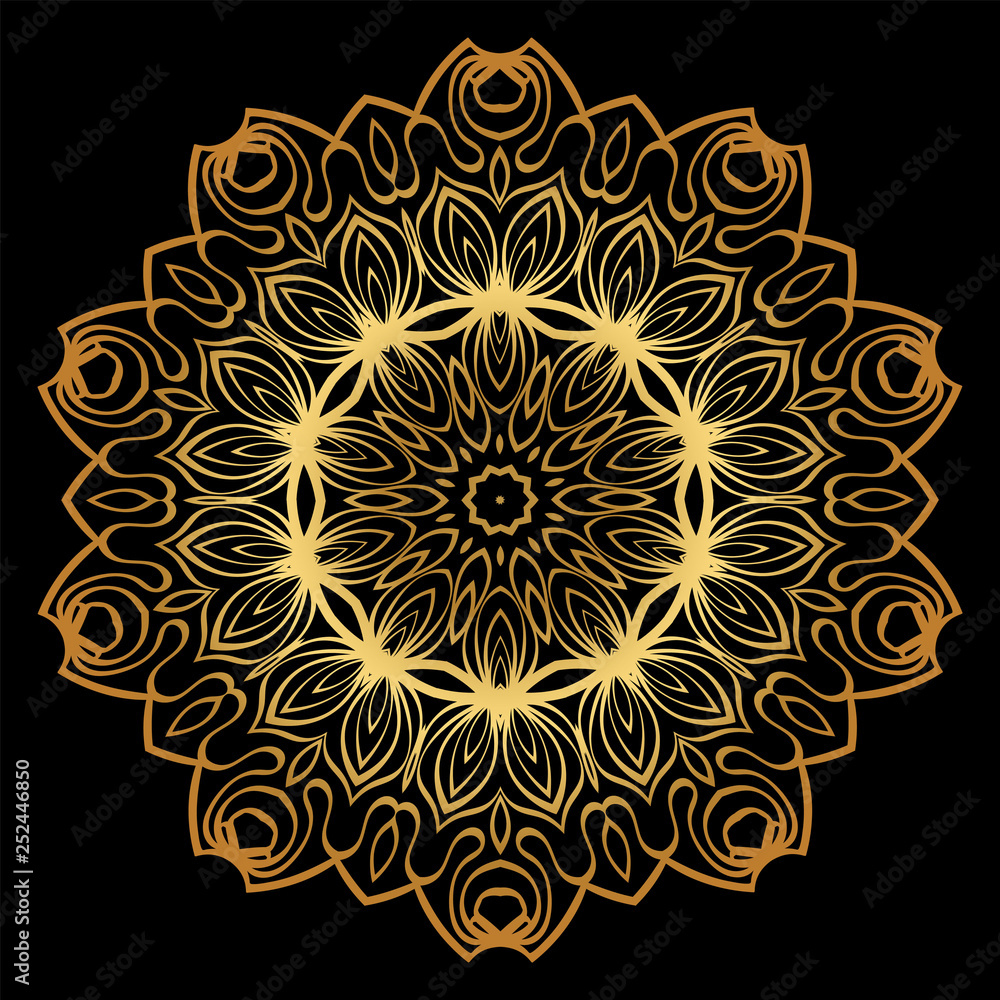 Sacred Oriental Mandala. Floral Ornament. Vector Illustration. Can Be Used For Greeting Card, Coloring Book, Phone Case Print. Luxury gold, black color