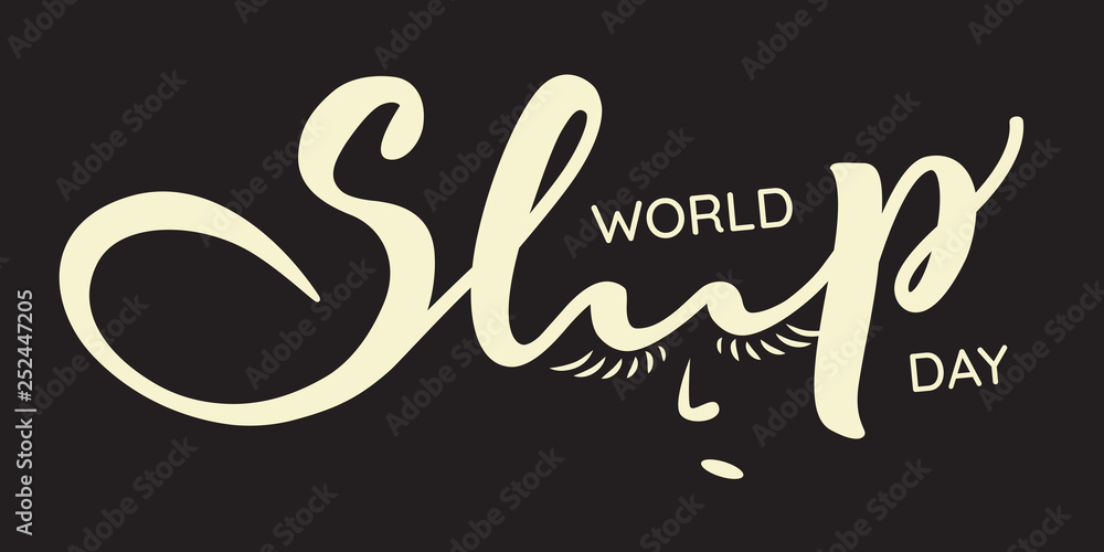 World Sleep day - vector lettering with font design and sleepy face silhouette. Black background. Vector illustration. World Sleep day - vector lettering with font design and sleepy face silhouette. Black background. Vector illustration.