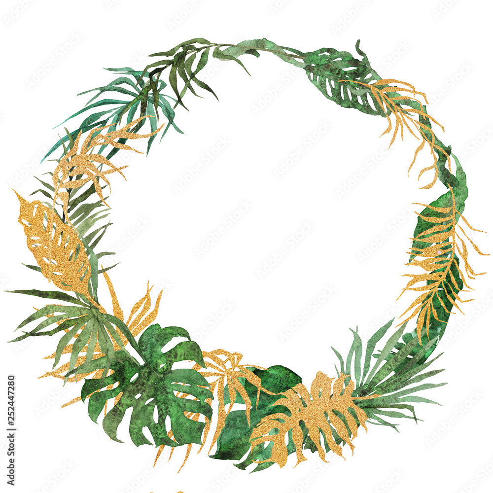 Naklejka premium Tropical Exotic Leaves and Branches Isolated on White Background. Juicy summer watercolor palm leaves. Floral Wreath