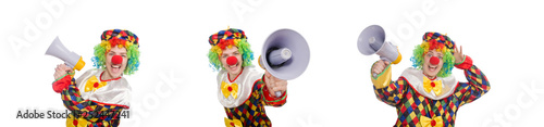 Clown with loudspeaker isolated on white