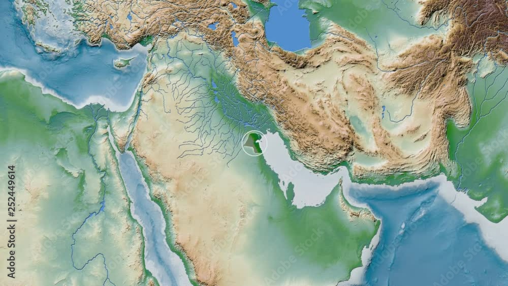 Kuwait area presented against the global physical map in the Fahey projection with animated oblique transformation Kuwait area presented against the global physical map in the Fahey projection with animated oblique transformation