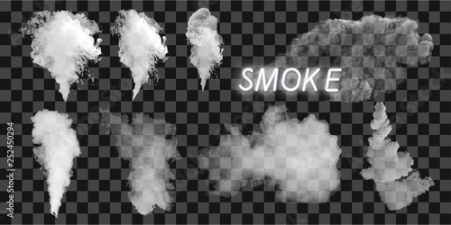Kolekcja wektor dym, na białym tle, przezroczyste tło. Zestaw realistycznej białej pary dymu, fale z kawy, herbaty, papierosów, gorących potraw. Mgła i efekt mgły.
