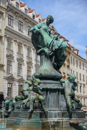 VIENNA, AUSTRIA - AUGUST 11, 2017: Donnerbrunnen fountain in Vienna, Austria. Baroque fountain located on Neuer Markt square. The fountain was built in 1737