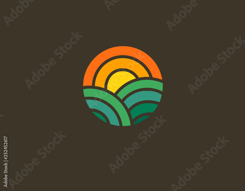 Geometric round logo icon sun and field farm