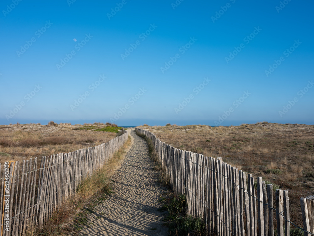 Sandy beach path with wooden railings. Pathway to beach and ocean sea. Minimal artistic nature landscape photography.