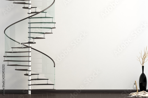 Modern interior with spiral staircase. 3d illustration. Mock up wall