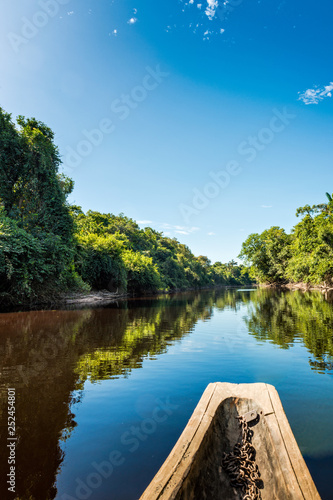Beautiful blue sky reflecting in the Amazonia Basin river. Corocoro river goes along Yutaje Community whicth mean in the native language: River Foam (Espuma del Rio)