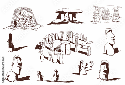 Vintage set of dolmens and statues of Easter island,vector illustration
