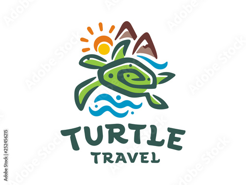 Travel vector logo template. Illustration of a turtle in the sea on the island.