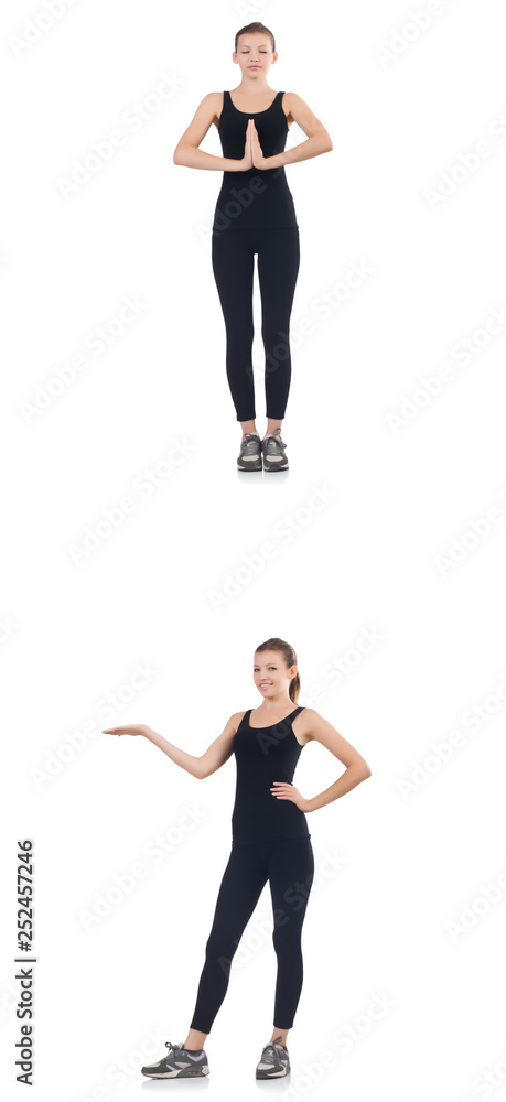 Young woman doing exercises isolated on white Young woman doing exercises isolated on white