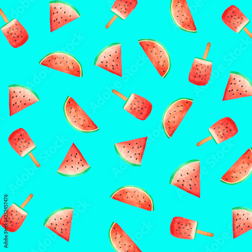 Colorful fruit pattern of fresh watermelon slices on blue background. Watercolor painting