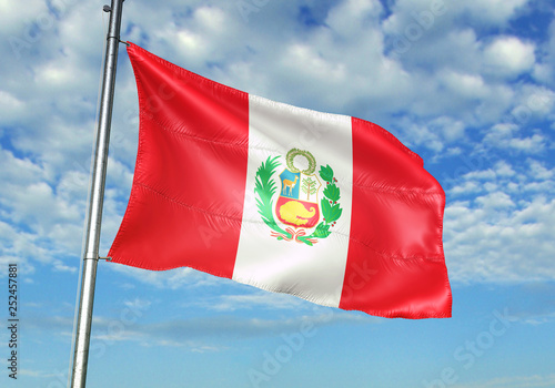 Peru flag waving sky background 3D illustration