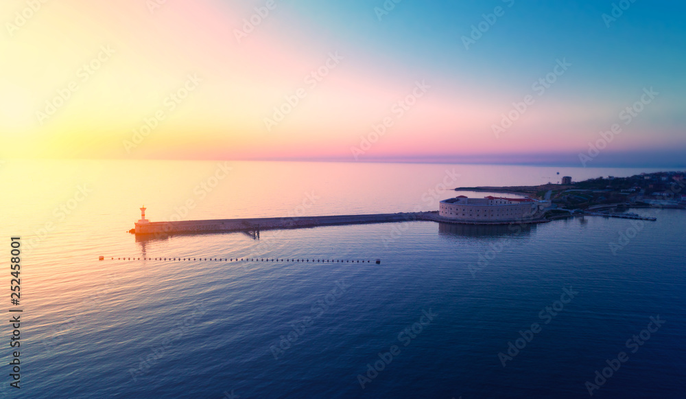 Naklejka premium Aerial view on port of Sevastopol, Crimea. Picturesque sunset. 