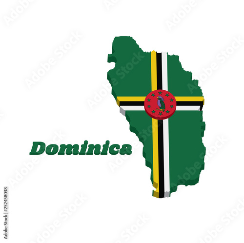 3D Map outline and flag of Dominica, A green field with the centred cross of yellow, black and white and red disk with Sisserou Parrot encircled by ten stars. photo