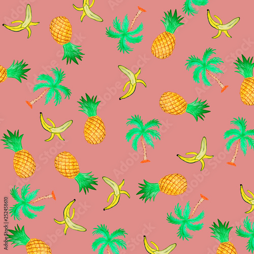 pattern with yellow bananas, pineapples and palms. Cute background. Bright summer fruits illustration. Fruit mix design for fabric and decor.