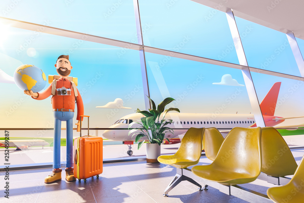Obraz premium Cartoon character tourist keeps the whole world on the palm in airport. 3d illustration. World travel concept.