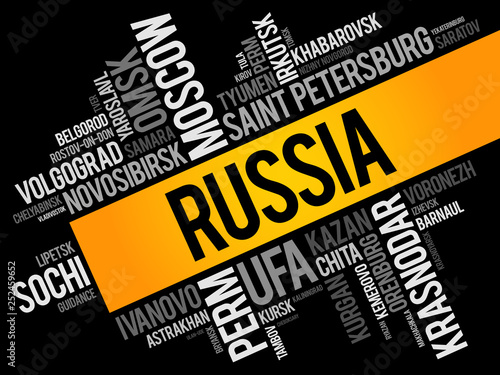 List of cities and towns in Russia, word cloud collage, business and travel concept background
