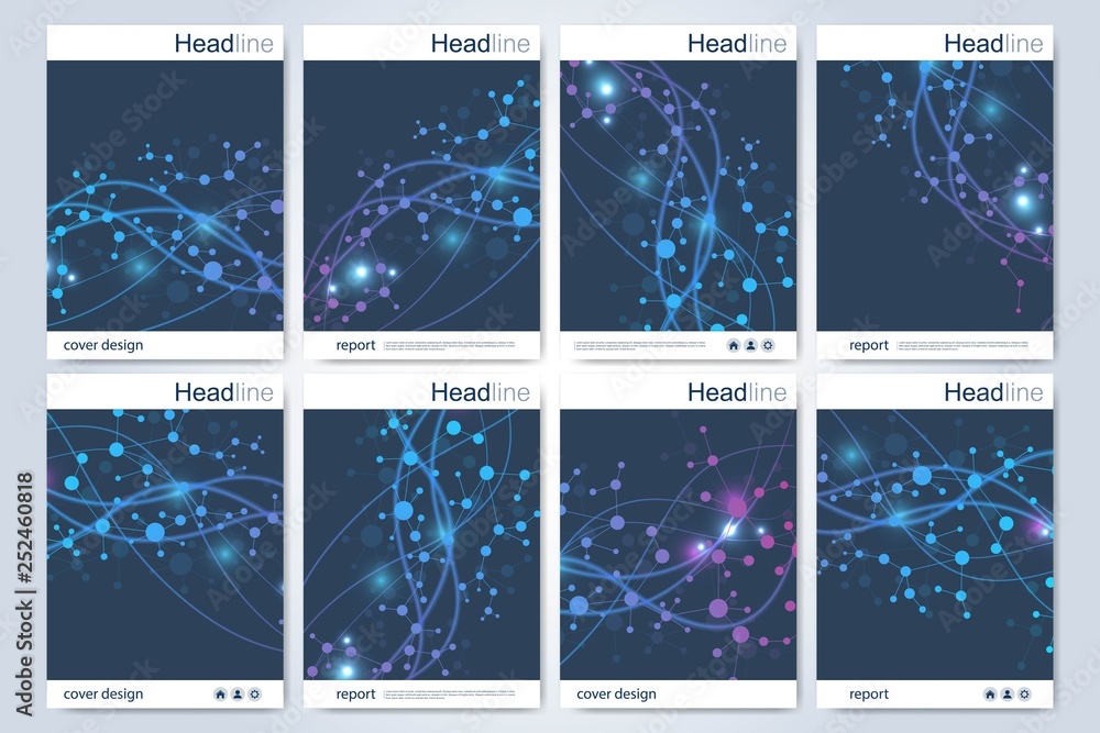 Business templates brochure, magazine, leaflet , flyer, cover, booklet, annual report. Scientific concept for medical, technology, chemistry. Hexagonal molecule structure. Dna, atom, neurons