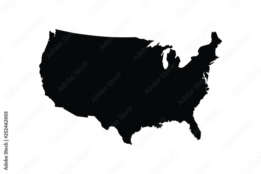 Black map of the United States of America isolated on white background - Vector.