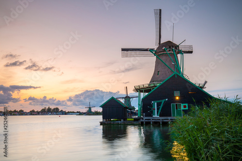 Traditional Dutch windmills at dusk, Zaanse Schans, Amsterdam