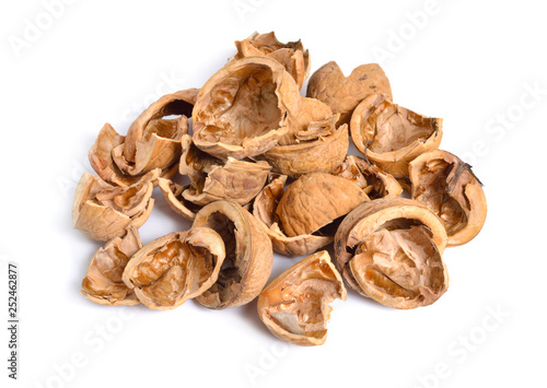 Walnut shells bunch isolated on white background