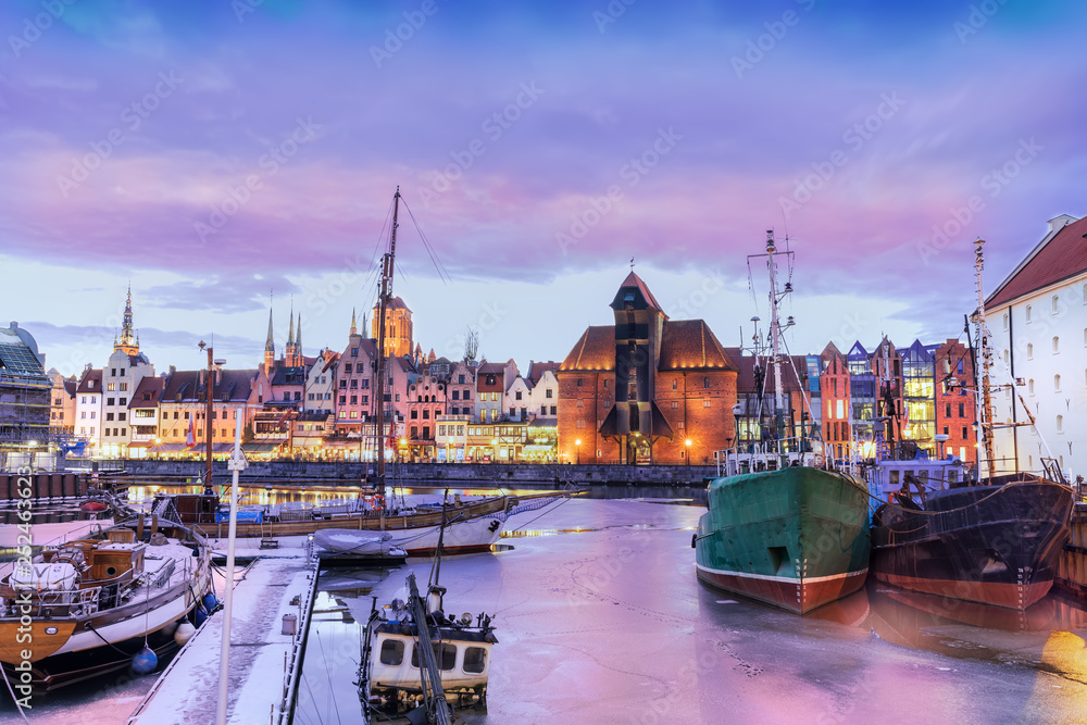 Gdansk harbour of the Motlawa, purple sunset view
