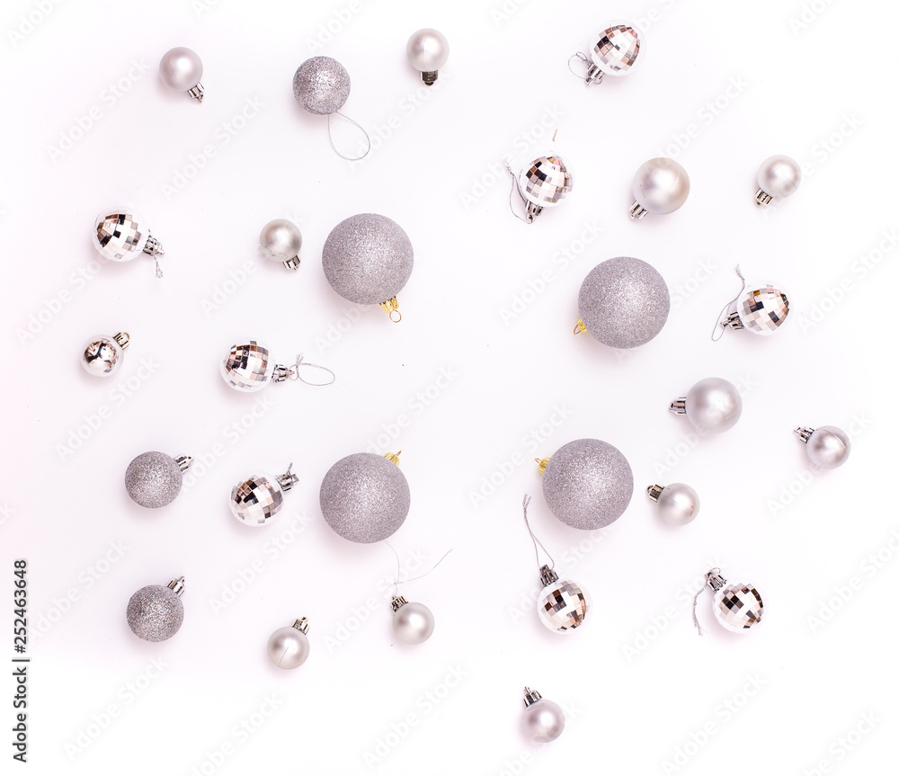 Fototapeta premium Christmas composition. Christmas decorations on white background. Flat lay, top view, copy space