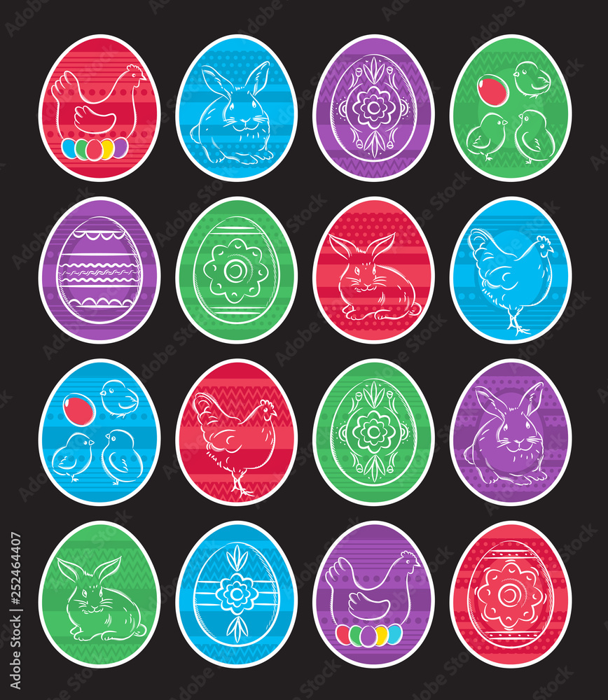 Color easter eggs isolated on black background. Holiday Easter Eggs decorated with flowers, rabbit, leafs, hen. Color eggs with white frame. Print design, label, sticker, scrap booking, vector Color easter eggs isolated on black background. Holiday Easter Eggs decorated with flowers, rabbit, leafs, hen. Color eggs with white frame. Print design, label, sticker, scrap booking, vector