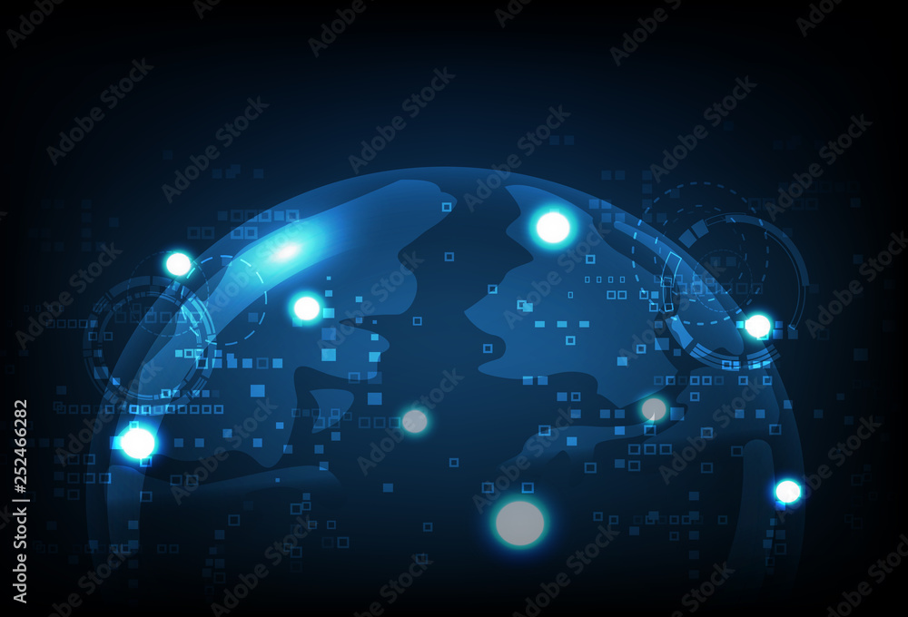 Digital technology, futuristic planet glowing, blue abstract background vector illustration