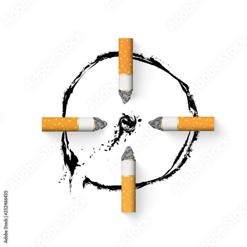 The aim is drawn with a cigarette butt. Stop smoking concept. Nicotine addiction. With drop shadows for any background. Symbol target icon, design element realistic vector illustration. EPS10