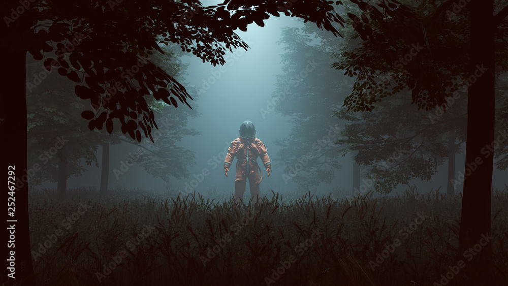 Astronaut in an Orange Advanced Crew Escape Suit with Black Visor Standing in a Wooded Clearing with a Beam of Light 3d illustration 3d render - obrazy, fototapety, plakaty 