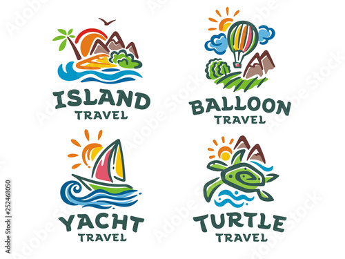 Vector set of 4 logos. Travel illustration templates.