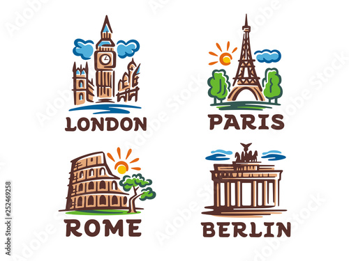 Vector set of 4 logos. Illustrations of buildings and tourist attraction of European cities.